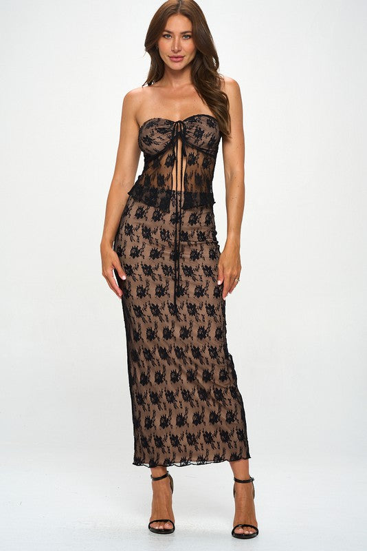 STYLED BY ALX COUTURE MIAMI BOUTIQUE Black Lace Mesh Drawstring Top Maxi Skirt Set