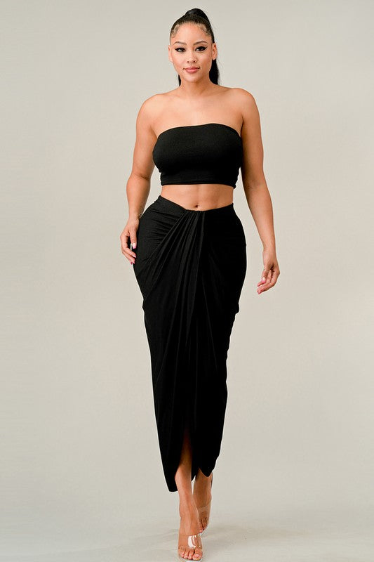 STYLED BY ALX COUTURE MIAMI BOUTIQUE Model is wearing Black Tube Top and Long Skirt Set with high heels 