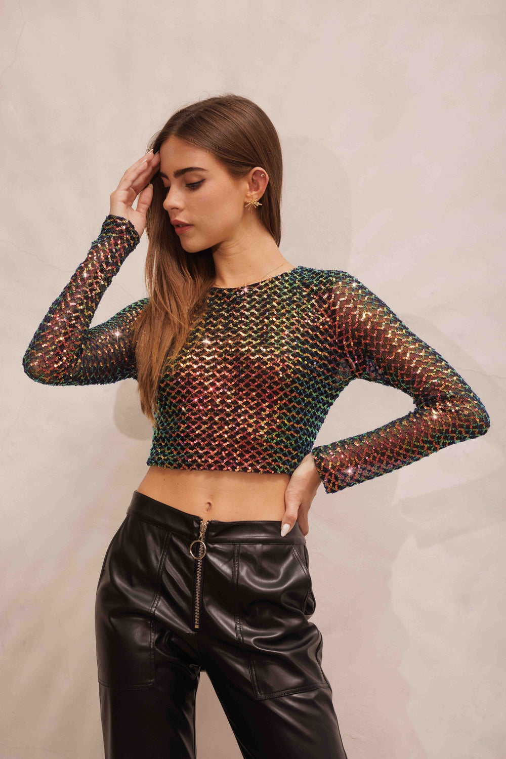 STYLED BY ALX COUTURE MIAMI BOUTIQUE Black Half Moon Open Back Sequin Long Sleeve Crop Top