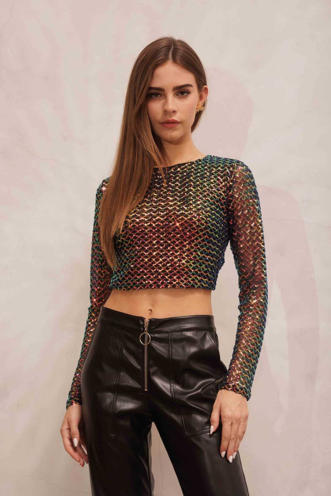 STYLED BY ALX COUTURE MIAMI BOUTIQUE Black Half Moon Open Back Sequin Long Sleeve Crop Top