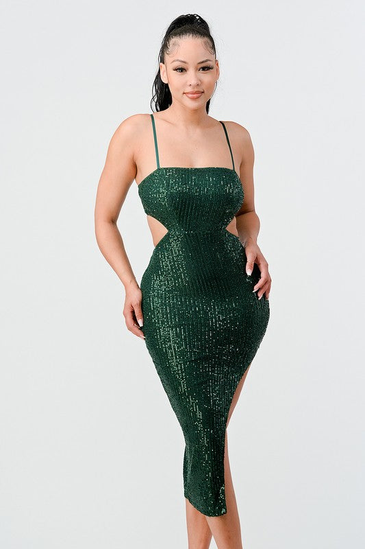 STYLED BY ALX COUTURE MIAMI BOUTIQUE Hunter Lux Sequins Side Cutout Slitted Midi Dress
