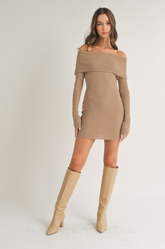 STYLED BY ALX COUTURE MIAMI BOUTIQUE Taupe Off Shoulder Long Sleeve Sweater Mini Dress