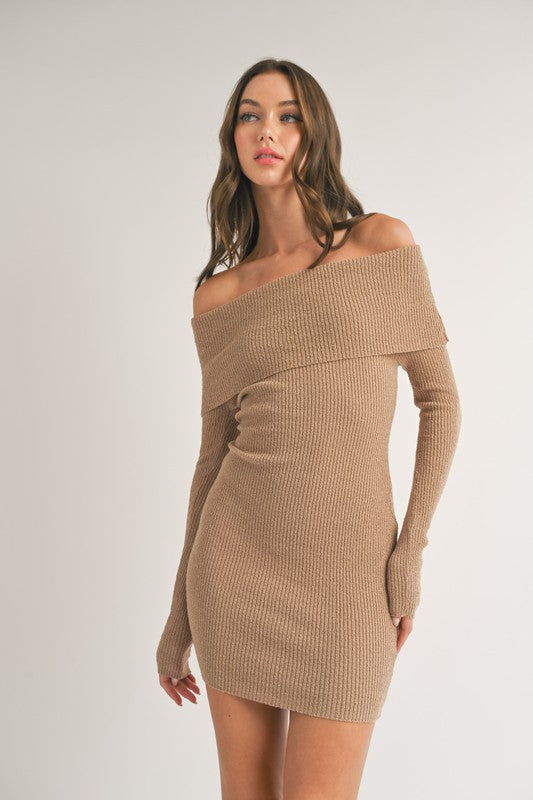 STYLED BY ALX COUTURE MIAMI BOUTIQUE Taupe Off Shoulder Long Sleeve Sweater Mini Dress