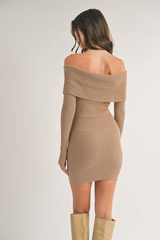 Taupe Off Shoulder Long Sleeve Sweater Mini Dress – STYLED BY ALX COUTURE