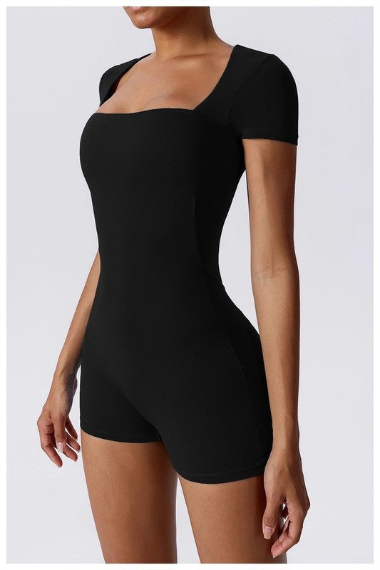 STYLED BY ALX COUTURE MIAMI BOUTIQUE Black Eos Short Sleeve One Piece Active Bodysuit
