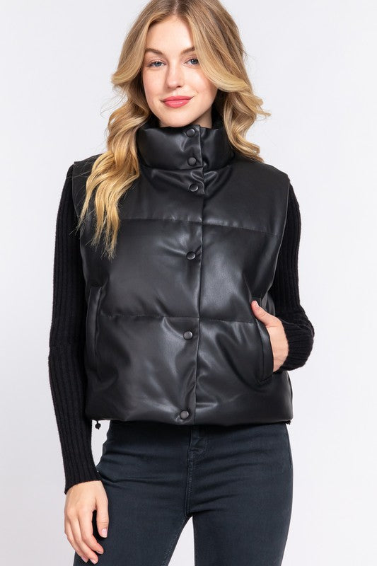 STYLED BY ALX COUTURE MIAMI BOUTIQUE Black High Neck Quilted PU Puffer Vest