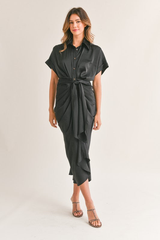STYLED BY ALX COUTURE MIAMI BOUTIQUE Black Satin Down Front Tie Midi Dress long midi dress black in satin with fron tie