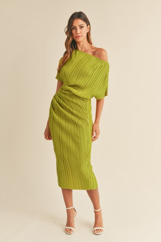 STYLED BY ALX COUTURE MIAMI BOUTIQUE Kiwi One Off Shoulder Sid Ruched Midi Dress 