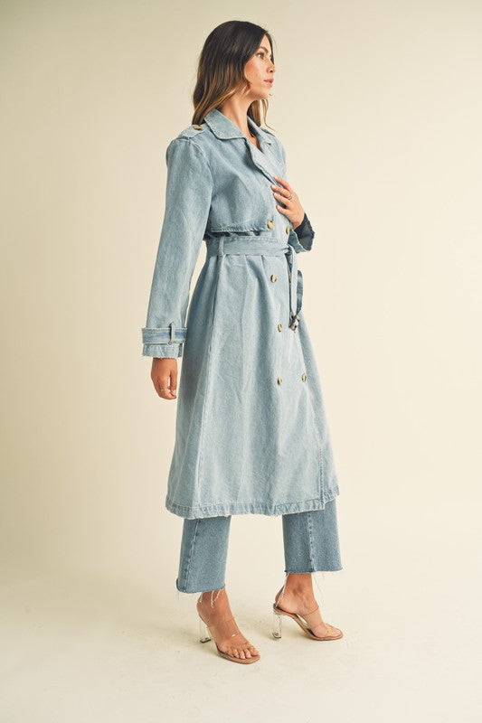 STYLED BY ALX COUTURE MIAMI BOUTIQUE Denim Long Sleeve Trench Midi Coat long denim trench coat for fall season