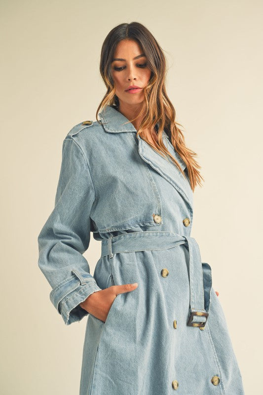 STYLED BY ALX COUTURE MIAMI BOUTIQUE Denim Long Sleeve Trench Midi Coat long denim trench coat for fall season