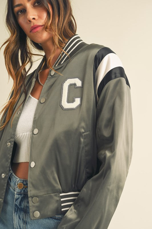 STYLED BY ALX COUTURE MIAMI BOUTIQUE Green Gray Cropped Satin Bomber Varsity Jacket