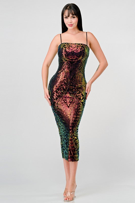 STYLED BY ALX COUTURE MIAMI BOUTIQUE Peacoak Enchanting Pattern Sequins Embellished Midi Dress