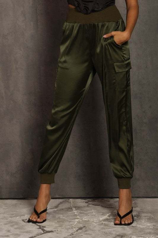 STYLED BY ALX COUTURE MIAMI BOUTIQUE Olive Satin Cargo Pants