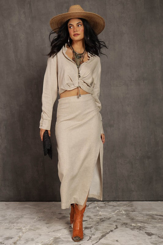 STYLED BY ALX COUTURE MIAMI BOUTIQUE Natural Linen Midi Skirt Set