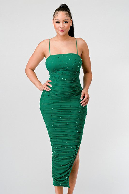 STYLED BY ALX COUTURE MIAMI BOUTIQUE Emerald Pearl Mesh Sleeveless Slitted Midi Dress