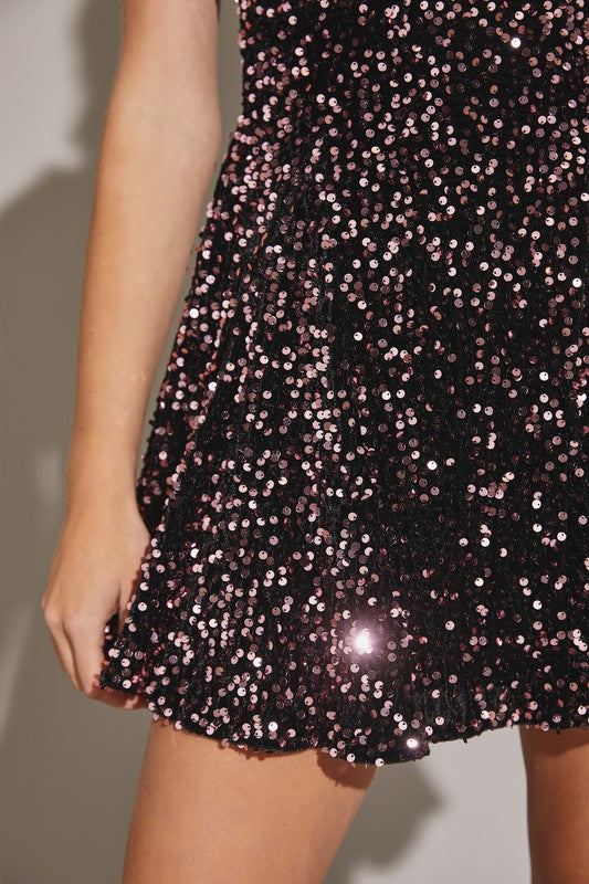 STYLED BY ALX COUTURE MIAMI BOUTIQUE Pink Black Sequin Flare Dress