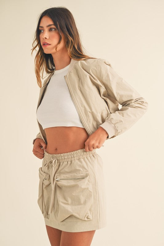 STYLED BY ALX COUTURE MIAMI BOUTIQUE Taupe Cropped Bomber Jacket Cargo Mini Skirt Set