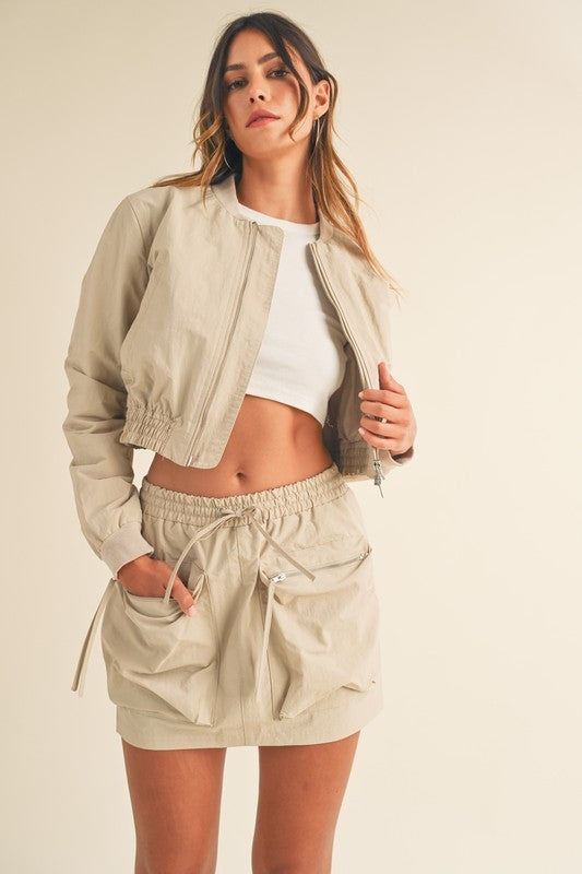 STYLED BY ALX COUTURE MIAMI BOUTIQUE Taupe Cropped Bomber Jacket Cargo Mini Skirt Set 