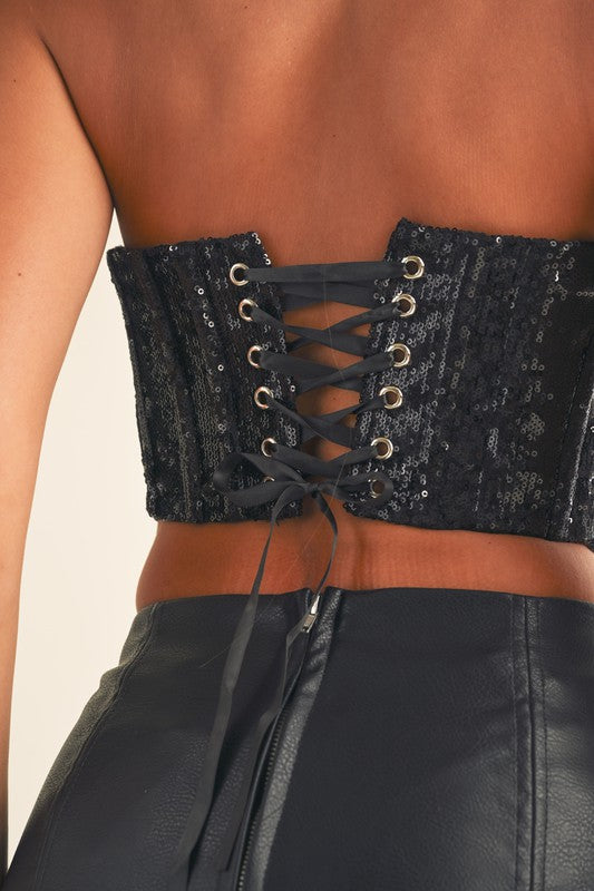 STYLED BY ALX COUTURE MIAMI BOUTIQUE Black Sequin Bustier Corset Crop Top