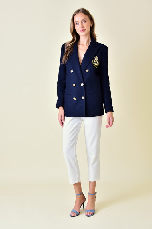 STYLED BY ALX COUTURE MIAMI BOUTIQUE Navy Crest Patch Double Breated Blazer