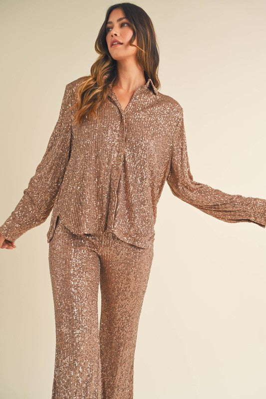 STYLED BY ALX COUTURE MIAMI BOUTIQUE Mocha Sequin Button Down Shirt Flare Pants Set 