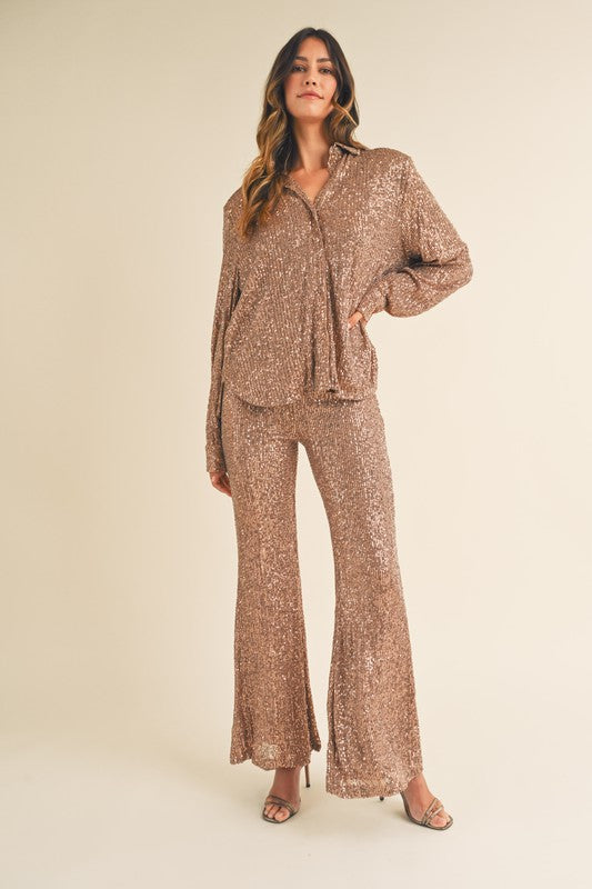 STYLED BY ALX COUTURE MIAMI BOUTIQUE Mocha Sequin Button Down Shirt Flare Pants Set