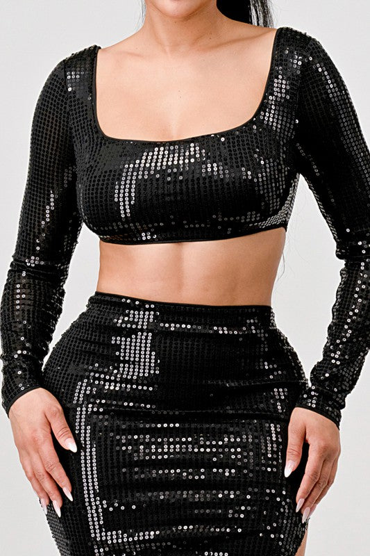 STYLED BY ALX COUTURE MIAMI BOUTIQUE Black Sequins Square Neck Top Mini Skirt Set