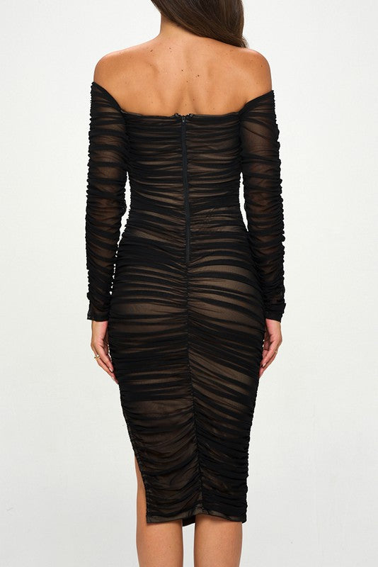 STYLED BY ALX COUTURE MIAMI BOUTIQUE Black Mesh Off Shoulder Long Sleeve Midi Dress