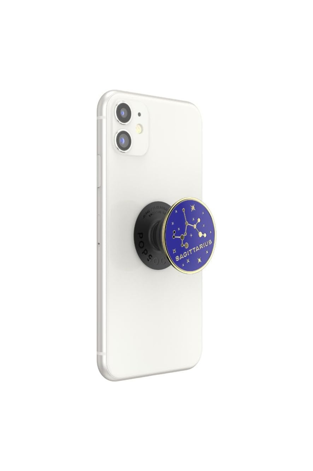 A white smartphone shown from the back with a black circular pop socket attached near the lower center. The pop socket has a blue face with gold constellation line art and the words 'BAG OF STARS'.