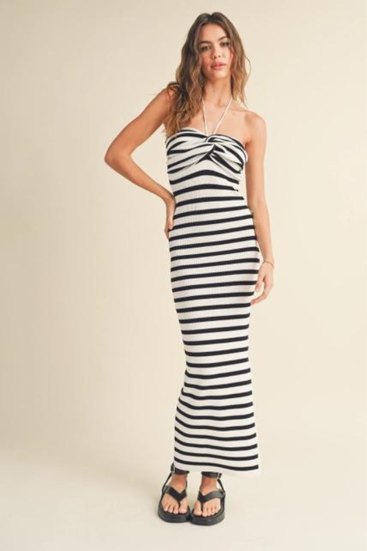STYLED BY ALX COUTURE MIAMI BOUTIQUE Model is wearing White Black Striped Knitted Knot Front Maxi Dress
