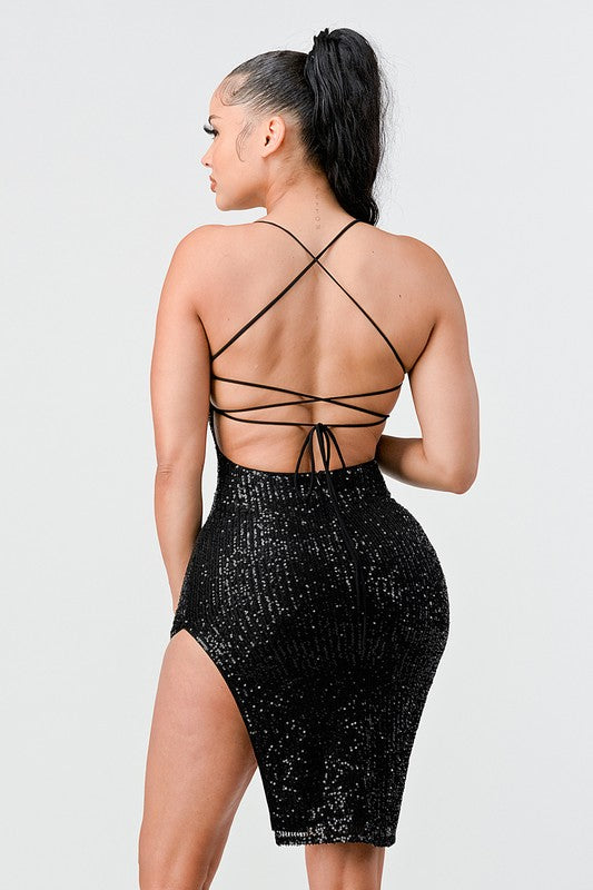 STYLED BY ALX COUTURE MIAMI BOUTIQUE Black Sexy Sequins Drawstring Lace Up Back Mini Dress