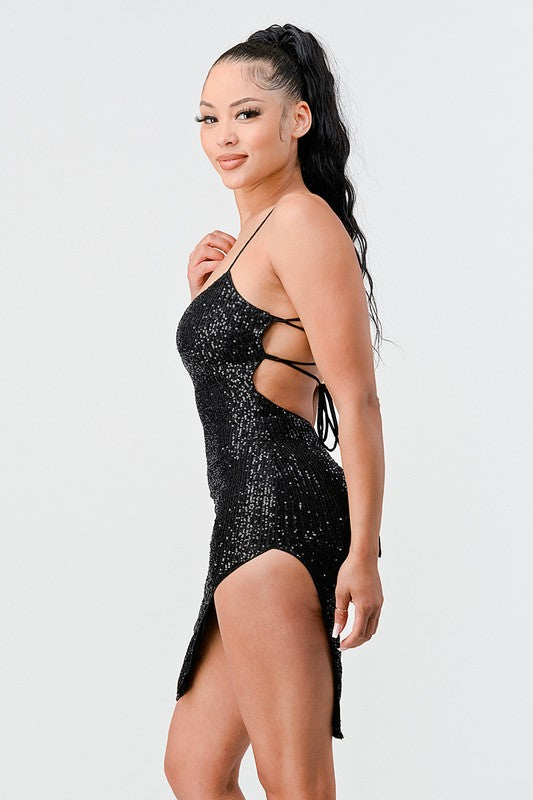 STYLED BY ALX COUTURE MIAMI BOUTIQUE Black Sexy Sequins Drawstring Lace Up Back Mini Dress