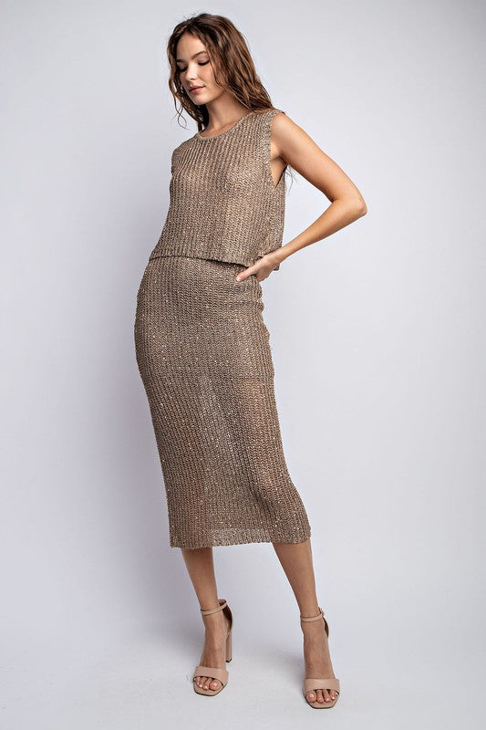 STYLED BY ALX COUTURE MIAMI BOUTIQUE Gold Taupe Embellished Yarn Sweater Midi Skirt 