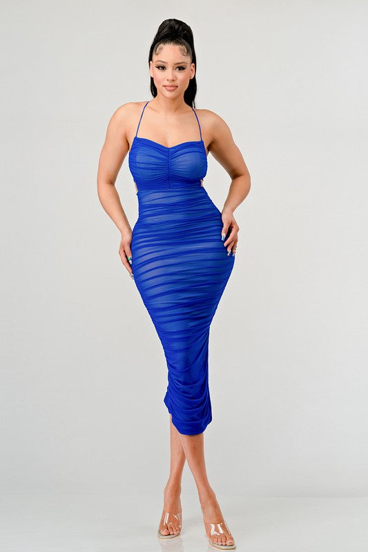 STYLED BY ALX COUTURE MIAMI BOUTIQUE Royal Blue Mesh Drawstring Lace Up Ruched Maxi Dress