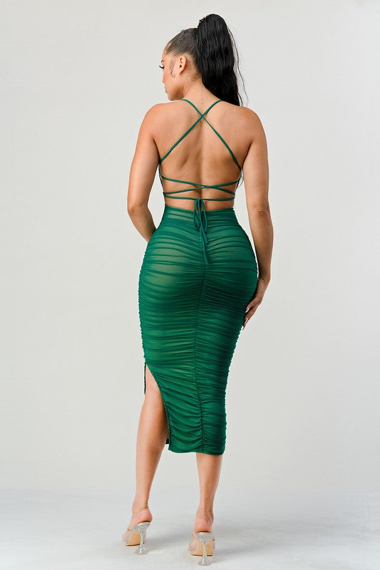 STYLED BY ALX COUTURE MIAMI BOUTIQUE Emerald Mesh Drawstring Lace Up Ruched Maxi Dress