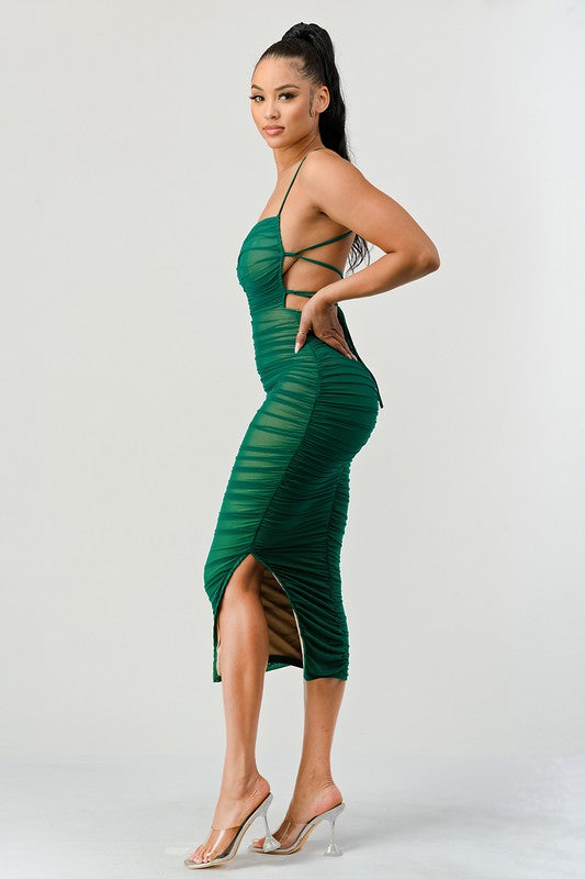 STYLED BY ALX COUTURE MIAMI BOUTIQUE Emerald Mesh Drawstring Lace Up Ruched Maxi Dress