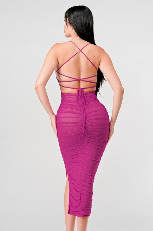 STYLED BY ALX COUTURE MIAMI BOUTIQUE Magenta Mesh Drawstring Lace Up Ruched Maxi Dress