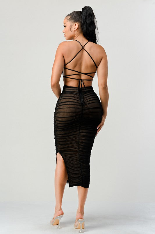 STYLED BY ALX COUTURE MIAMI BOUTIQUE Black Mesh Drawstring Lace Up Ruched Maxi Dress