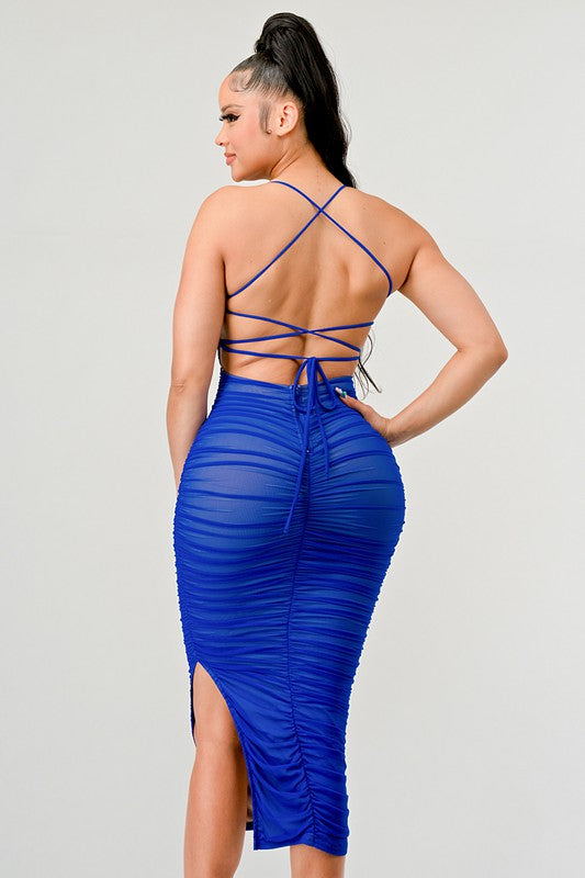 STYLED BY ALX COUTURE MIAMI BOUTIQUE Royal Blue Mesh Drawstring Lace Up Ruched Maxi Dress