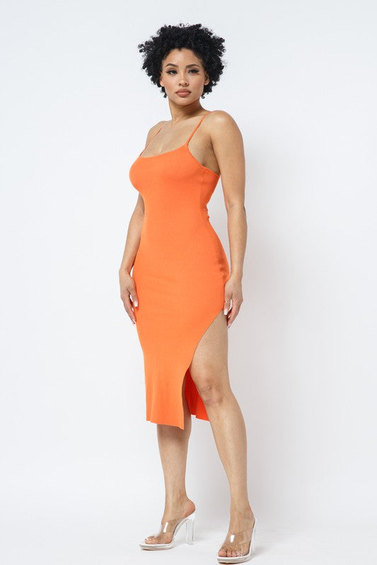 model is wearing Orange Side Slit Cami Dress