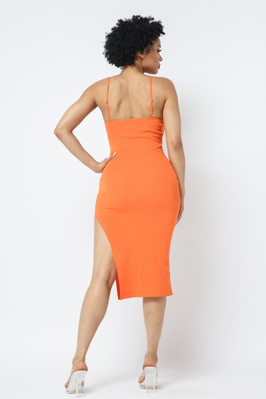 back of the Orange Side Slit Cami Dress