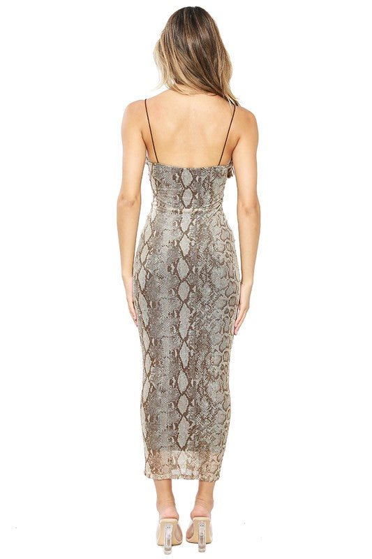 STYLED BY ALX COUTURE MIAMI BOUTIQUE Brown Sage Snake Printed Mesh Midi Dress