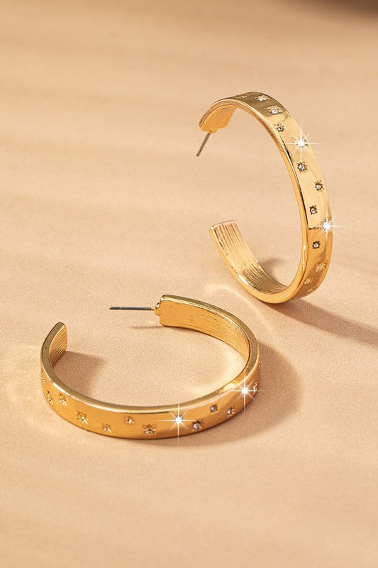 STYLED BY ALX COUTURE MIAMI BOUTIQUE Gold Thick Metal Hoop with Engraved Rhinestones Stars Earrings