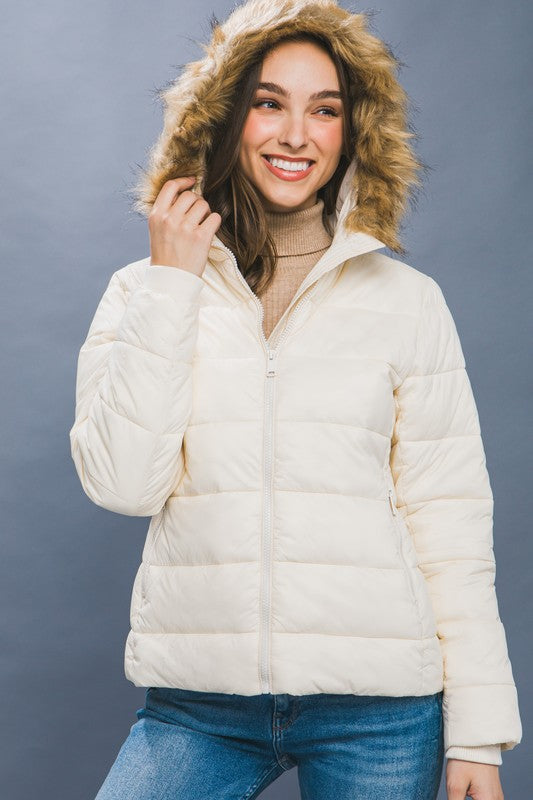 Cream Puffer Jacket With Faux Fur Hoodie 