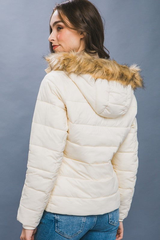Cream Puffer Jacket With Faux Fur Hoodie 