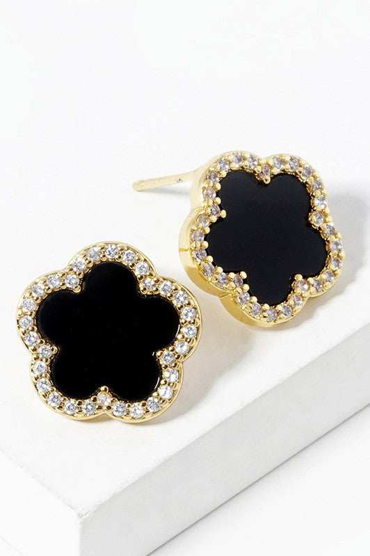 STYLED BY ALX COUTURE MIAMI BOUTIQUE Gold Rhinestone Trimmed Flower Stud Earrings