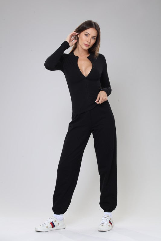STYLED BY ALX COUTURE MIAMI BOUTIQUE Black BodyGo Ribbed Zip-Up Top 2-Piece Jogger Set