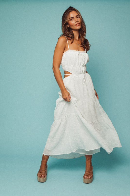 model is wearing White Spaghetti Ruffle Maxi Dress with beige wedges 