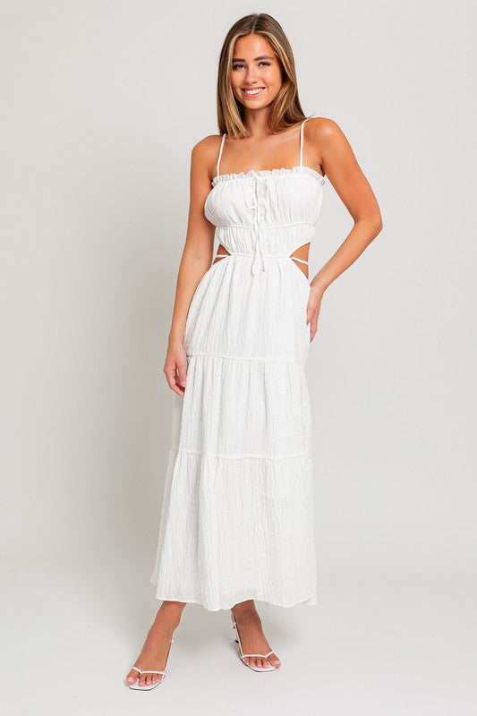 model is wearing White Spaghetti Ruffle Maxi Dress with white heels 
