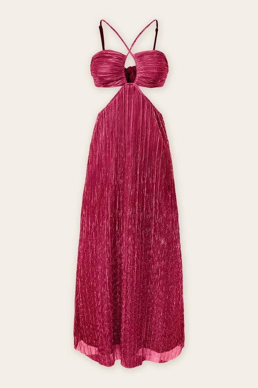 Viva Magenta Meteor Pleats Cutout Midi Dress